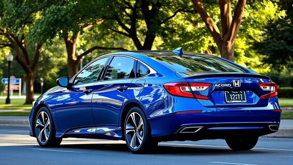 2024 Honda Accord sedan, modern blue exterior, photographed from the side profile on a suburban street with trees, representing reliability and practical family transportation