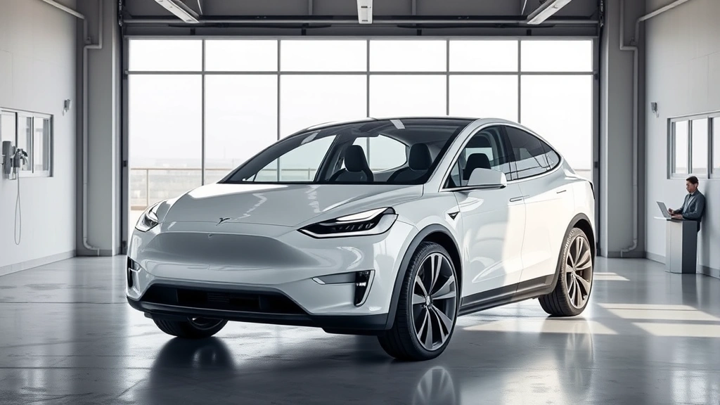 Tesla Model Y electric SUV family vehicle shown in modern garage setting with minimalist interior visible through windows, white or pearl finish with futuristic design elements