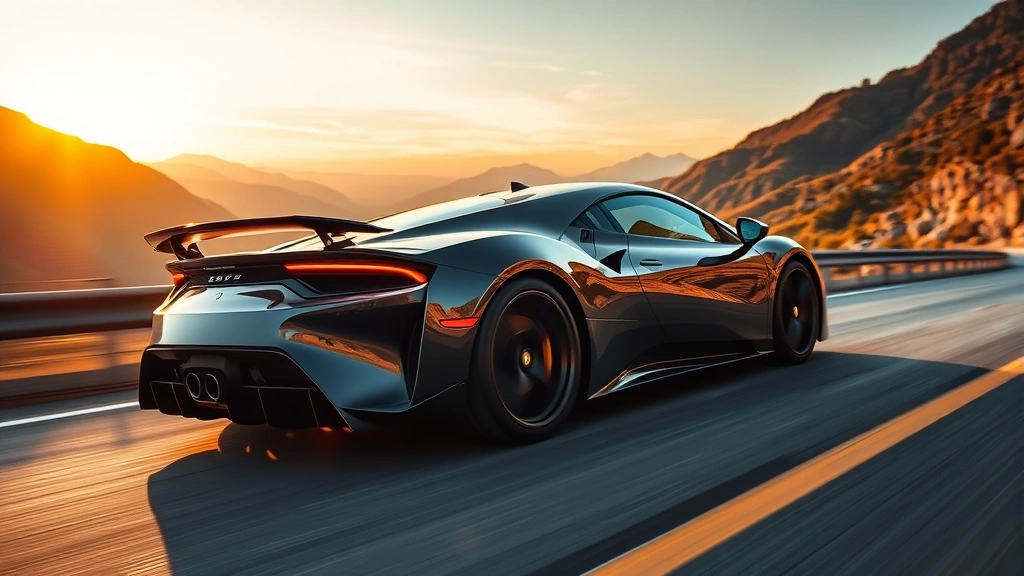 High-performance luxury sports car accelerating on mountain road with blurred background, demonstrating dynamic handling and aggressive styling, action automotive photography at sunset