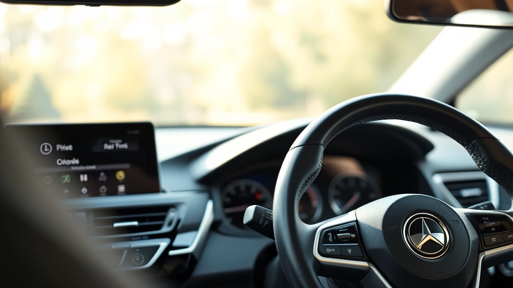 Close-up of vehicle dashboard and steering wheel interior, natural interior lighting, modern car technology display, driver perspective view, ownership experience focus