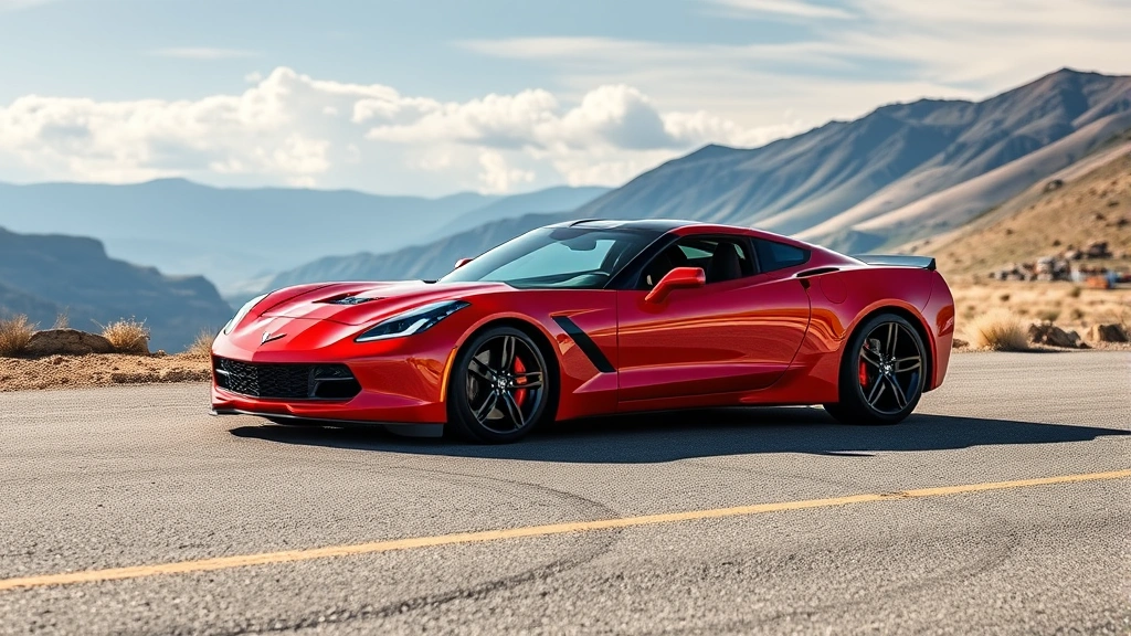 Chevrolet Corvette Stingray sports car in vibrant red, mid-engine supercar positioned on open mountain road with scenic landscape backdrop, showing aggressive aerodynamic profile and performance design