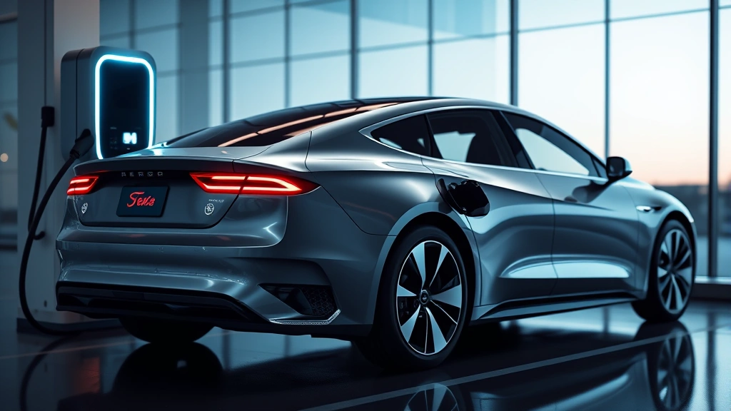 Modern electric sedan charging at fast-charging station, futuristic design language, LED lighting elements glowing, clean contemporary aesthetic