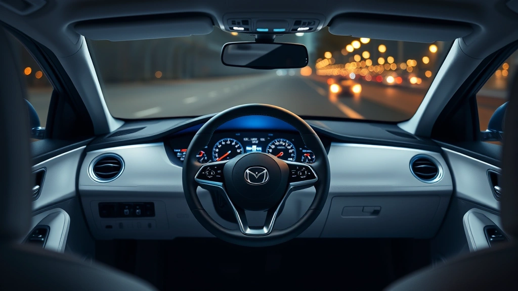 Premium white sedan interior dashboard showing digital instruments and steering wheel, soft ambient lighting throughout cabin