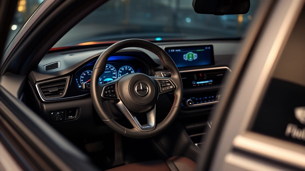 Four-door sedan interior dashboard, premium leather steering wheel, modern digital gauge cluster, ambient cabin lighting, luxury appointments