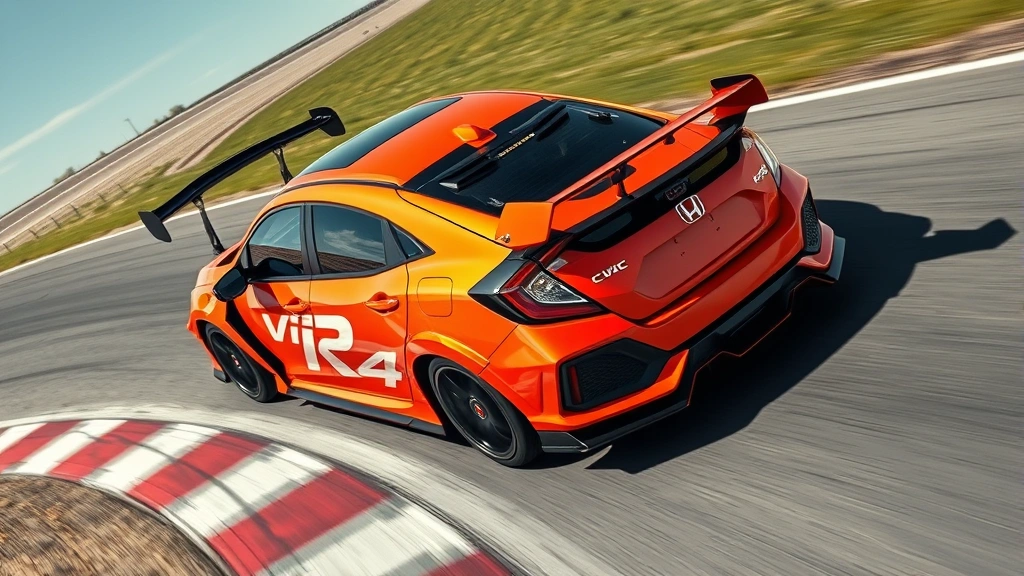 Overhead action shot of orange Honda Civic Type R hot hatchback cornering aggressively on race track, showcasing distinctive rear wing, hood vents, and performance-oriented design elements with clear sky