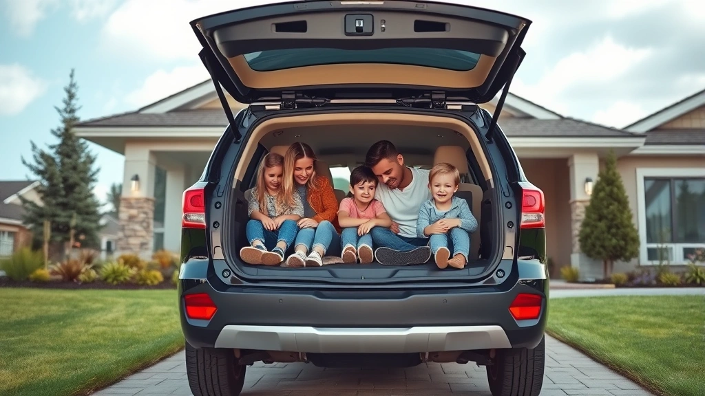 Family SUV parked in suburban driveway with open cargo area, modern home and landscaping in background, contemporary lifestyle setting