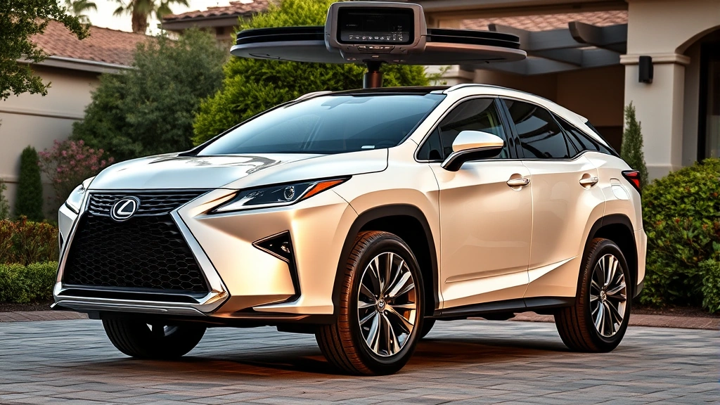 Lexus RX 450h luxury hybrid SUV in pearl white, premium interior with leather seats and advanced technology dashboard, photographed in upscale residential driveway with landscaping