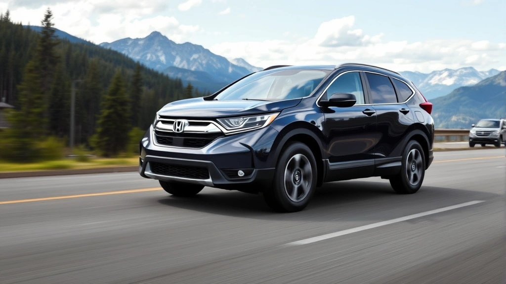 Honda CR-V Hybrid SUV in motion on scenic highway with mountains and forest landscape, showcasing family-friendly vehicle design and versatility