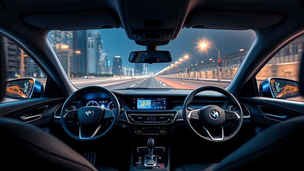 Modern sedan interior dashboard with digital display and steering wheel, premium cabin materials, ambient lighting, detailed automotive interior shot