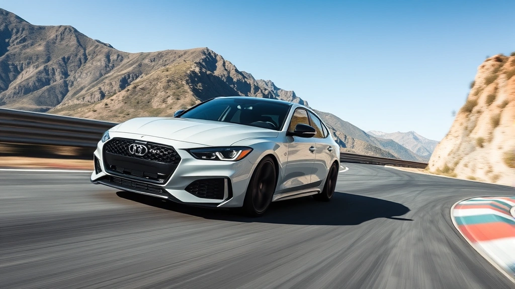 High-performance sedan cornering on mountain road, dynamic motion blur, precise steering angle, professional race track environment, clear blue sky, automotive action photography, no visible license plates or identifying text