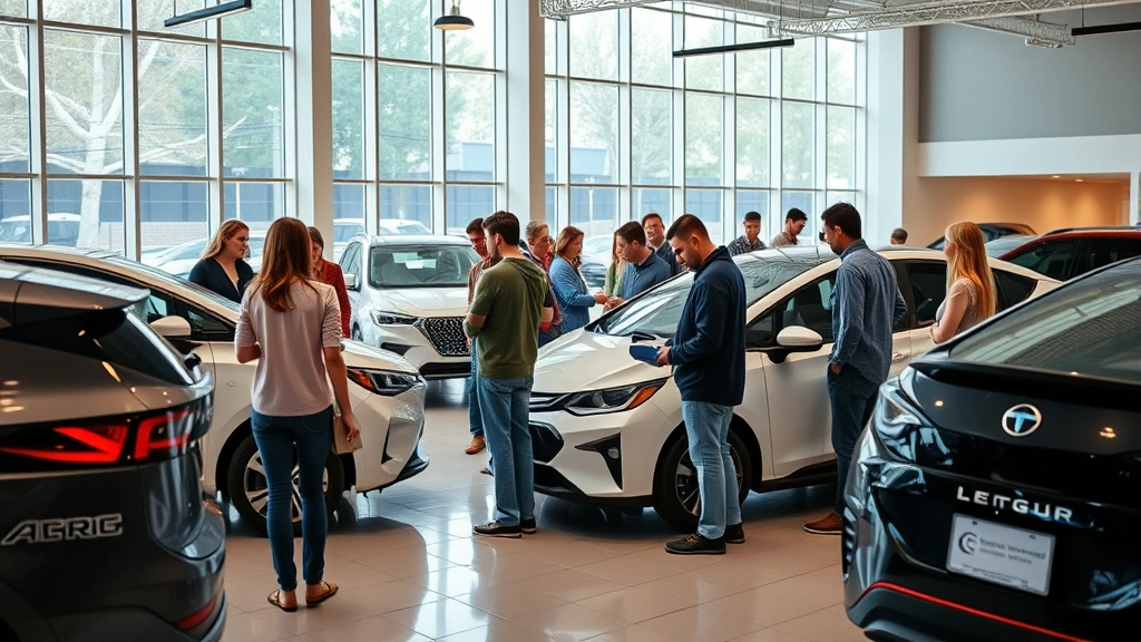Diverse group of people examining electric vehicles on showroom floor with large windows, bright contemporary dealership environment, various vehicle models displayed