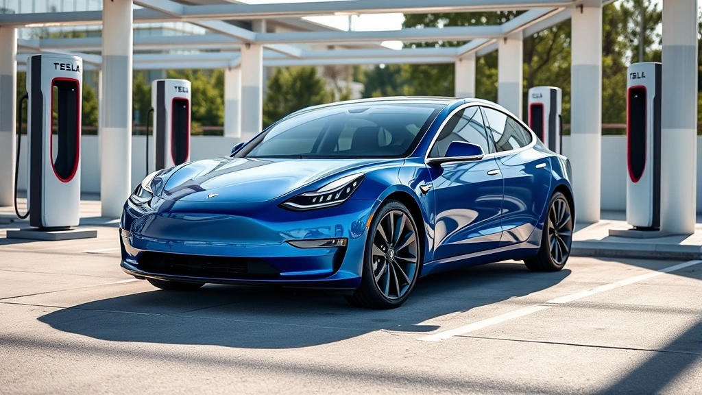 Tesla Model 3 electric sedan in metallic blue, front three-quarter view in modern charging station environment, showcasing futuristic design and premium wheel design under bright daylight