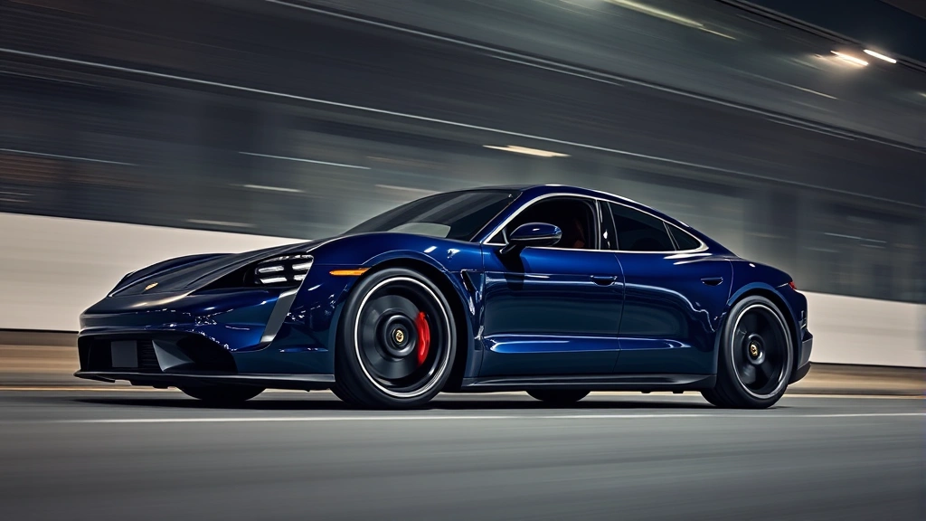 Porsche Taycan electric sedan in midnight blue, dynamic low-angle perspective showing aggressive stance and sporty wheels, blurred motion background suggesting speed and performance