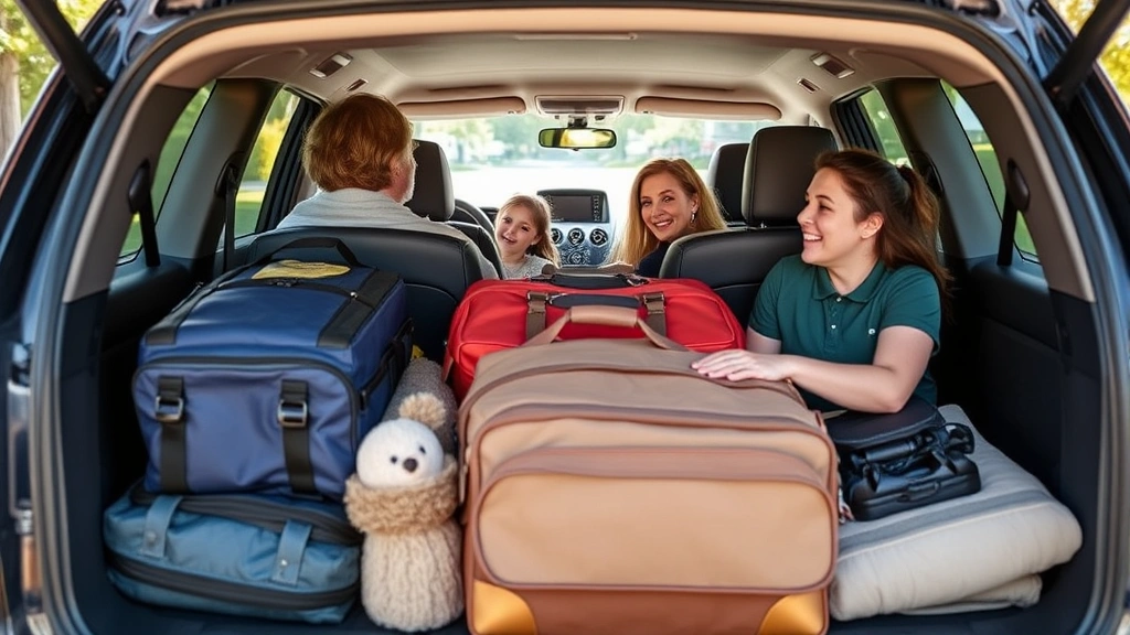 Family SUV loaded with luggage and cargo, spacious interior visible, multiple passengers in seats, suburban setting, practical versatility demonstrated