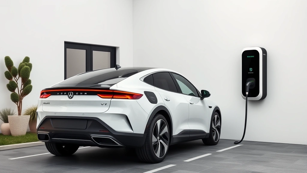 Modern electric vehicle charging at home charging station, contemporary residential setting, clean minimalist composition emphasizing sustainable technology and future automotive innovation