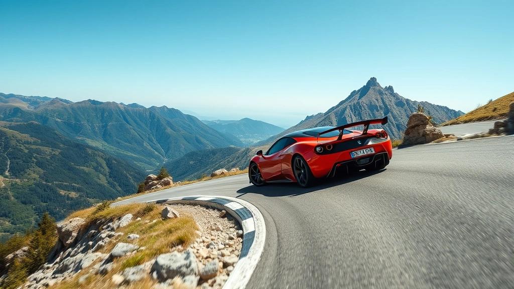 High-performance sports car cornering on mountain road, dynamic motion capture, professional automotive photography, clear sky
