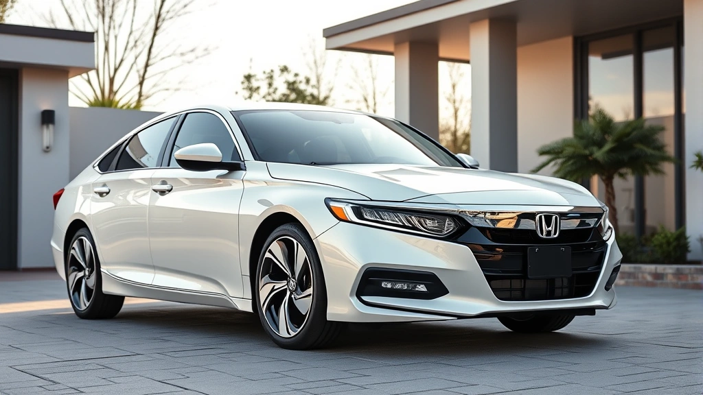 Honda Accord midsize sedan in pearl white, parked in a modern driveway with contemporary architecture, emphasizing reliability and refined design with natural daylight illumination