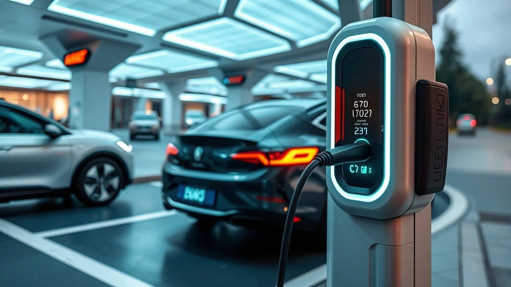 Electric vehicle charging at modern public station with futuristic design, showing LED indicators and charging port interface, contemporary urban environment with clean minimalist aesthetic