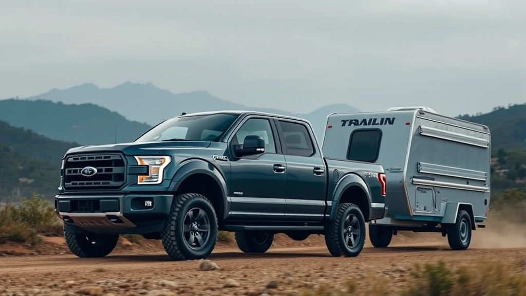 Full-size pickup truck in rugged terrain, muscular stance, towing a utility trailer, action-oriented scene
