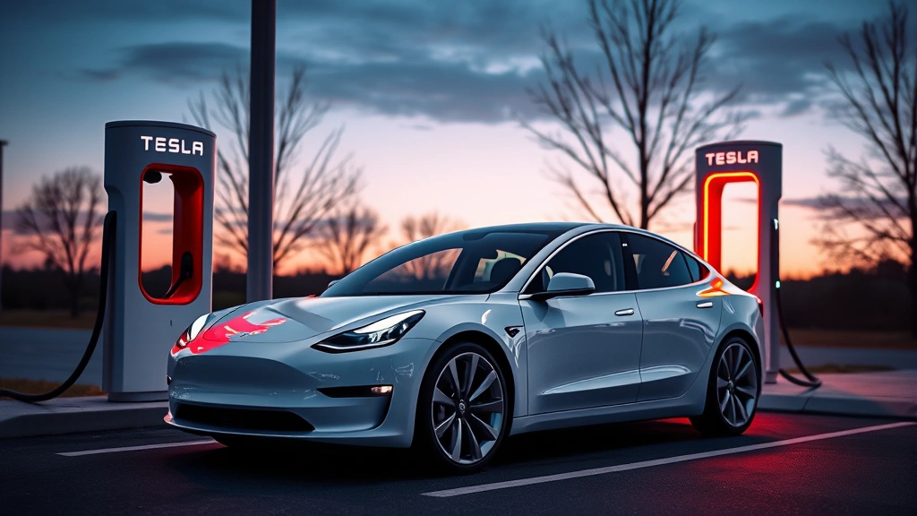 2024 Tesla Model 3 white electric sedan charging at Supercharger station, modern minimalist design, evening ambient lighting, futuristic automotive technology showcase