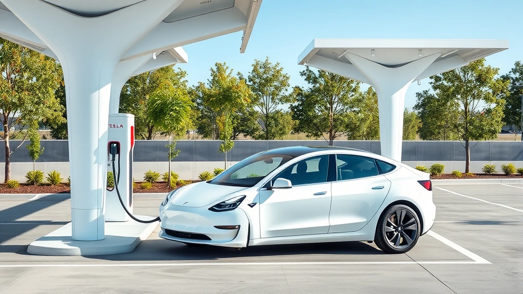 Tesla Model 3 charging at modern EV charging station with futuristic design, clean aesthetic, bright daylight, showing electric vehicle infrastructure