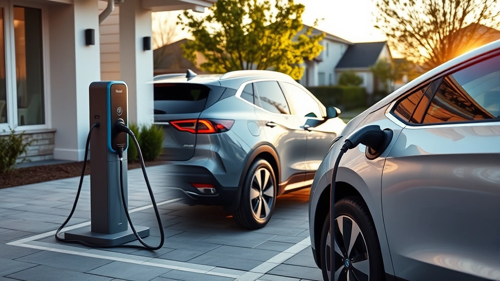 Modern electric vehicle charging at home charging station, contemporary driveway setting, vehicle profile showing clean design lines, early morning natural light, suburban residential background