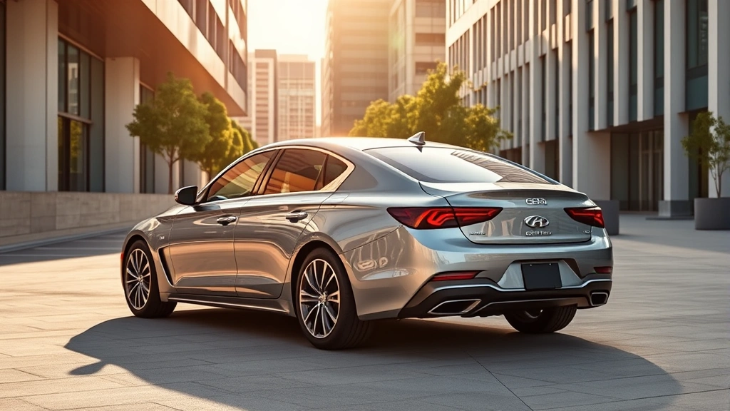 Genesis G70 luxury sedan rear three-quarter view parked in modern urban setting with contemporary architecture, premium metallic paint finish catching sunlight