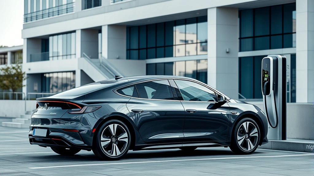 Modern electric sedan parked at charging station in modern urban setting, contemporary architecture background, clean minimalist composition, daylight photography