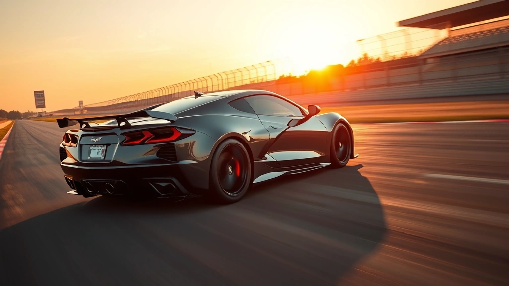 Dynamic action photograph of a Chevrolet Corvette C8 mid-engine sports car on a professional race track during golden hour, capturing motion blur of surroundings while vehicle remains sharp, emphasizing performance and engineering excellence