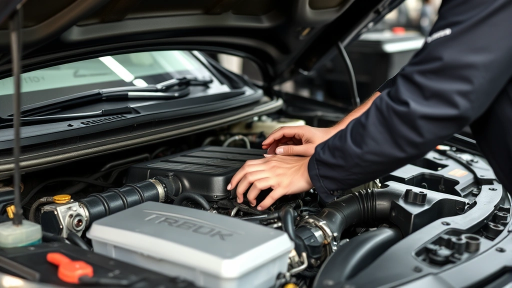 Mechanic performing vehicle maintenance work on car engine bay, professional tools and equipment visible, hands working on engine components