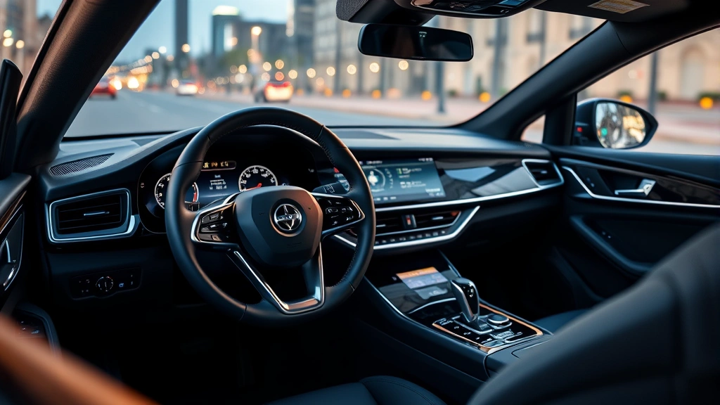 Modern vehicle interior dashboard showing advanced safety features, steering wheel, digital displays, premium automotive environment