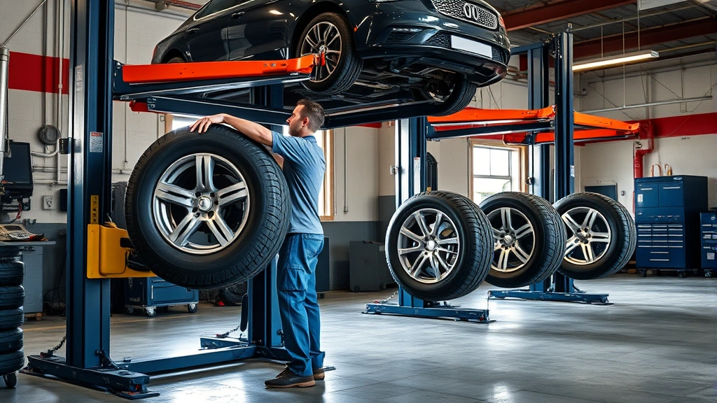 Mechanic rotating tires on four-post lift, showing proper tire handling technique, clean shop floor, all four wheels visible in maintenance process