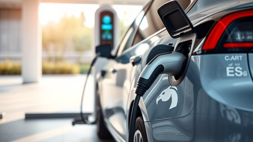 Charging station with electric vehicle connected during daylight, showcasing modern EV infrastructure, cable connection detail, clean contemporary setting with soft natural lighting, emphasizing sustainable automotive technology