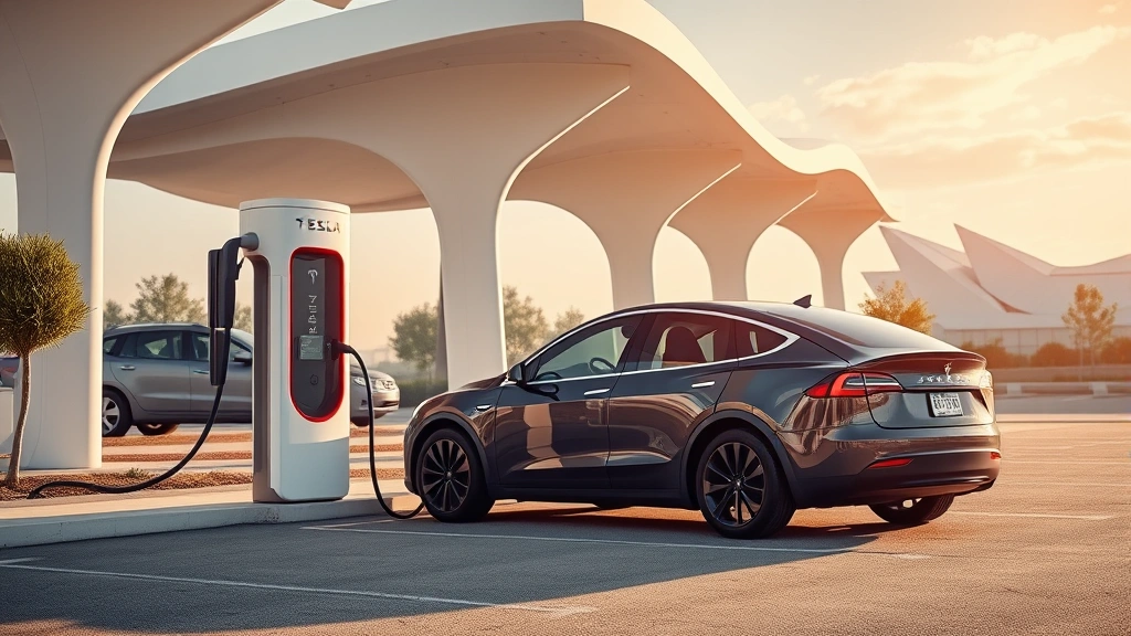 Tesla Model Y electric SUV charging at modern DC fast charging station with futuristic architecture, daylight photography