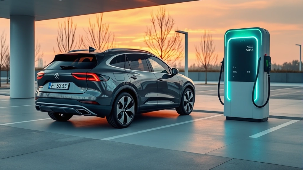Modern electric SUV charging at contemporary charging station, futuristic design with smooth lines, clean energy aesthetic, sunset lighting in background