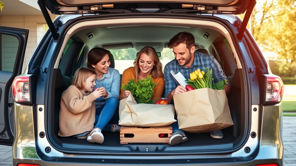 Diverse family of four loading groceries into spacious hybrid SUV trunk, demonstrating practical cargo capacity and everyday usability of hybrid vehicles
