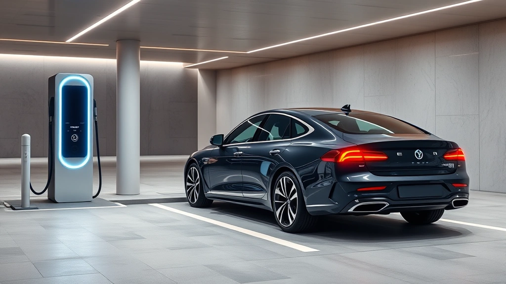 Electric sedan charging at modern EV charging station with minimalist design and futuristic architecture