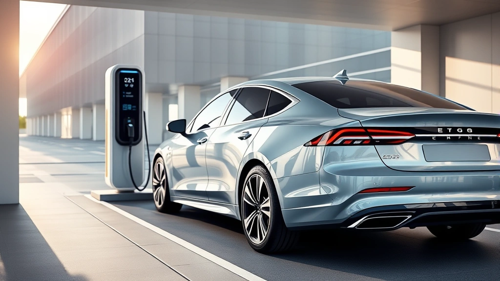 Electric sedan charging at modern station, contemporary EV charging infrastructure, clean minimalist design, daylight, futuristic aesthetic, professional automotive photography