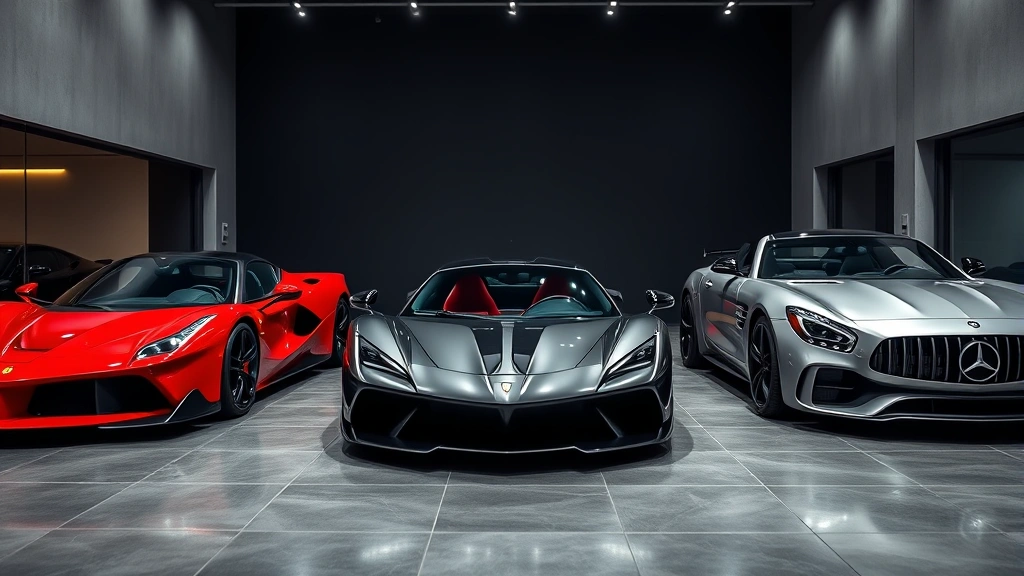 Luxury hypercar lineup comparison showing Ferrari F80, Lamborghini Revuelto, and Mercedes-AMG GT 63 parked together in modern showroom setting with polished concrete floor and dramatic lighting