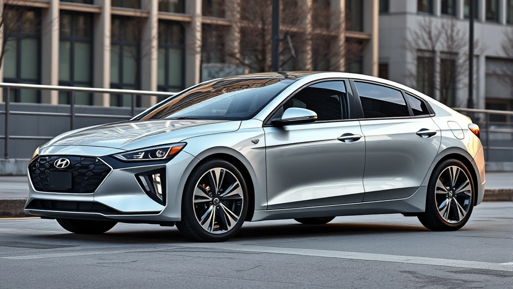 Hyundai Ioniq 6 silver electric sedan futuristic streamlined design parked against urban backdrop showcasing aerodynamic efficiency and contemporary styling