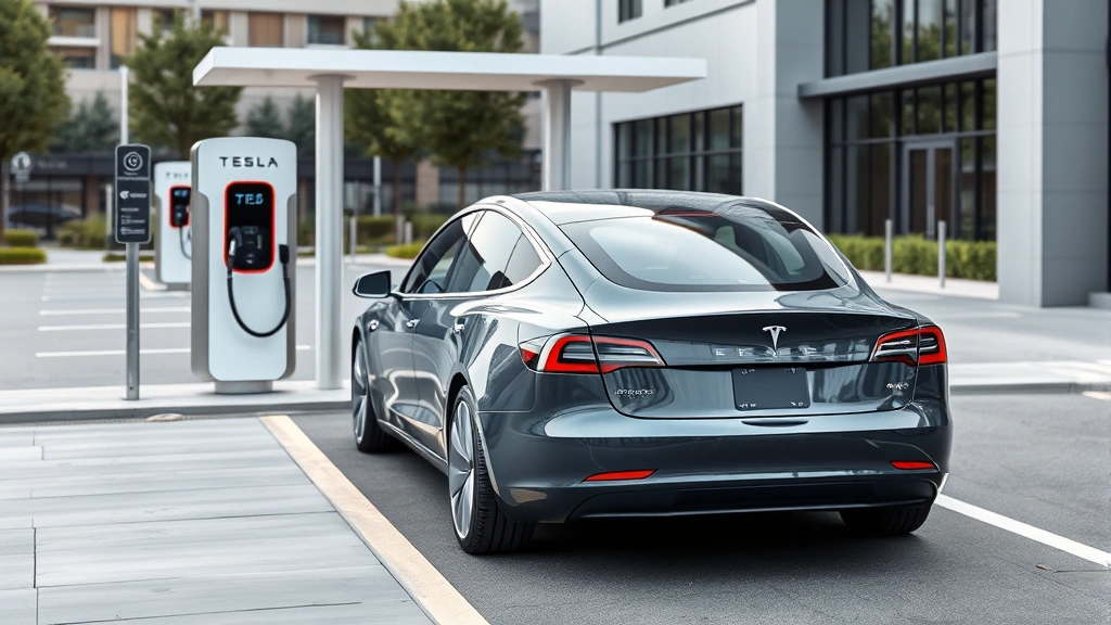 Tesla Model 3 electric sedan charging at modern public charging station, contemporary sustainable transportation, clean minimalist design aesthetic