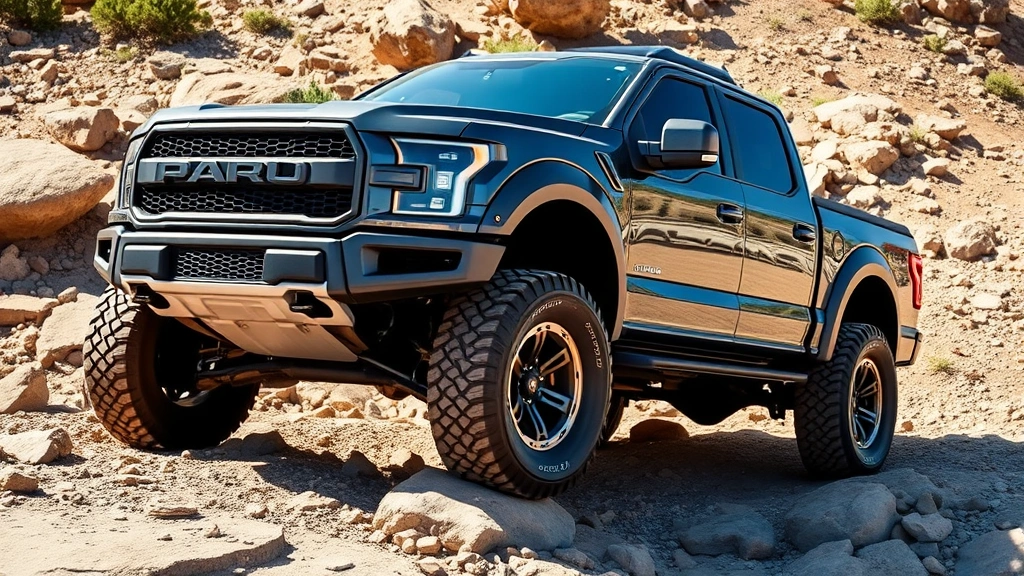 Full-size pickup truck with lifted suspension navigating rocky off-road terrain, showcasing rugged capability and specialized tires
