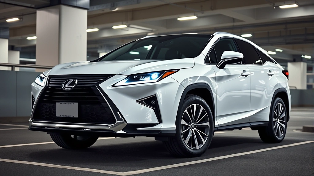 Lexus RX 500h luxury hybrid crossover pearl white paint in urban setting, modern parking garage interior, premium LED lighting systems illuminated, architectural background with contemporary design elements