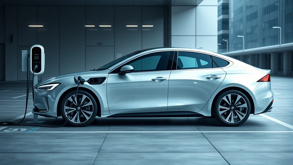 Electric vehicle charging at modern charging station, sleek sedan design, charging cable connected, minimalist urban background, future-focused aesthetic