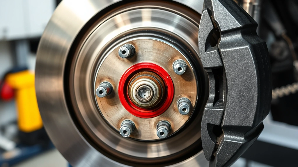 Detailed view of brake system components including rotors, calipers, and brake pads during professional inspection and maintenance work