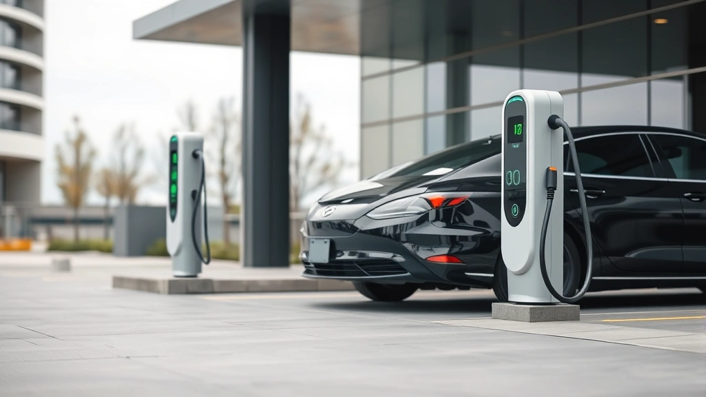 Electric sedan charging at modern public charging station, contemporary architecture background, clean aesthetic, no license plates or identifying marks visible