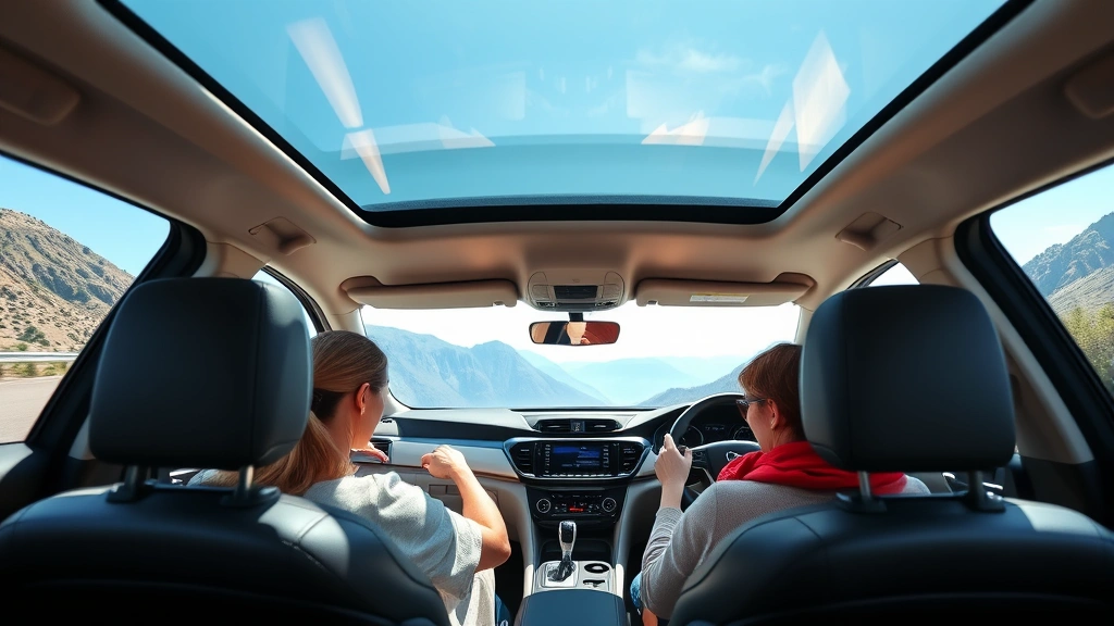Family driving hybrid SUV on scenic mountain road with clear blue sky, interior visible through windows showing comfortable modern dashboard and seating, bright daylight