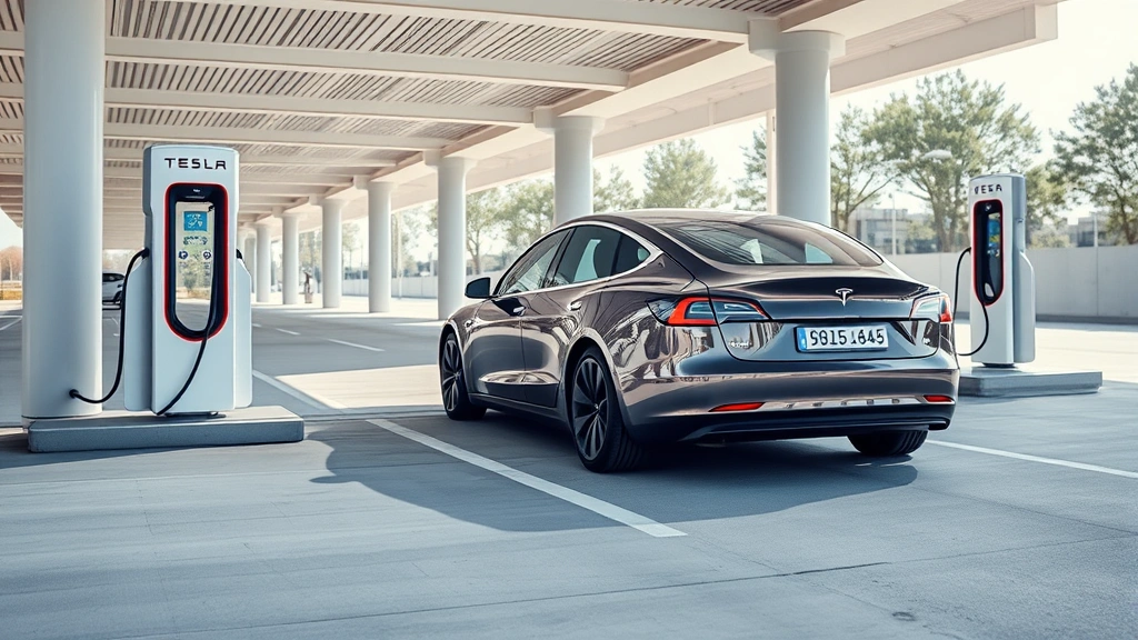 Tesla Model 3 electric sedan charging at public charging station, modern infrastructure, clean minimalist composition, bright daylight