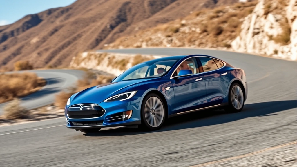 Tesla Model S in metallic blue performing dynamic cornering on a winding mountain road, demonstrating athletic stance and modern design language, clear daylight showing landscape and road curves