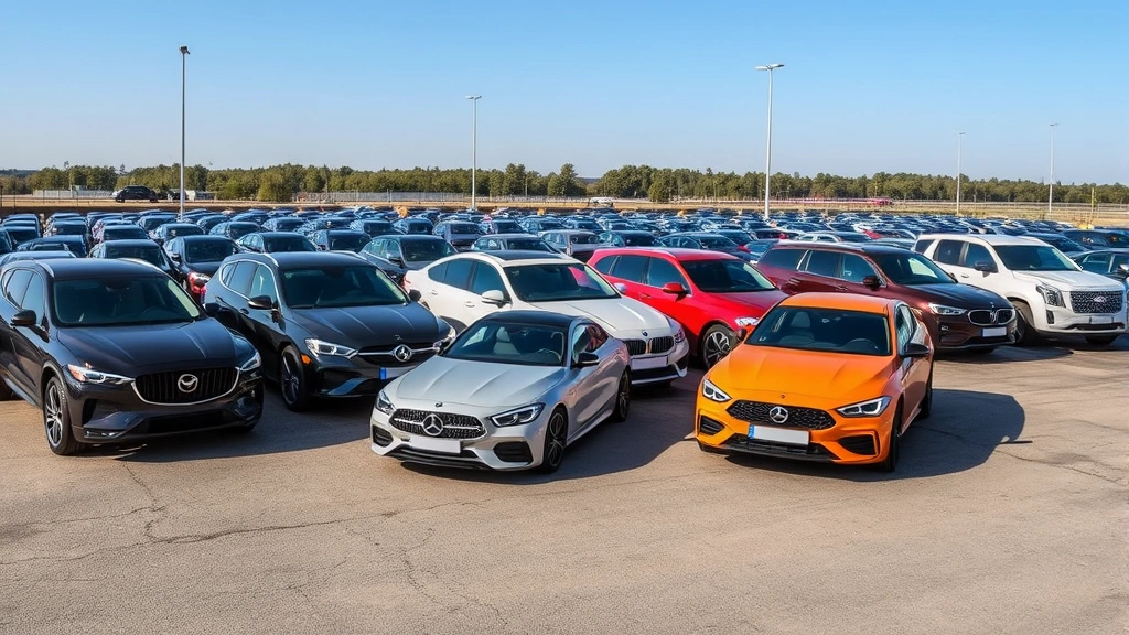 Row of different car models parked for comparison testing, diverse vehicle types including sedan crossover and truck, outdoor automotive testing facility, comprehensive vehicle evaluation setup